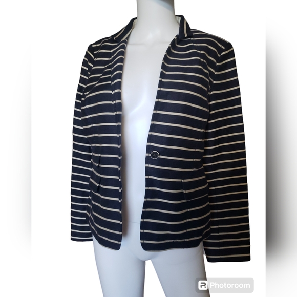 Banana Republic Womens Blazer Navy Blue With Ivory Stripe Italian Linen Sz10 - Picture 7 of 16